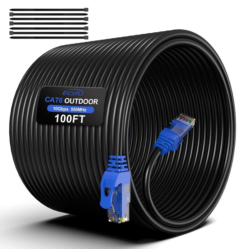 ecjtu كابل إيثرنت خارجي Cat6 بطول 100 قدم، مدفون، ثقيل الوزن، كابل توصيل 24AWG CCA، POE، UTP، مقاوم للماء، مقاوم للأشعة فوق البنفسجية، شبكة، إنترنت، LAN، كابل Cat 6 بطول 100 قدم مع 25 رباط كابل - Image 1